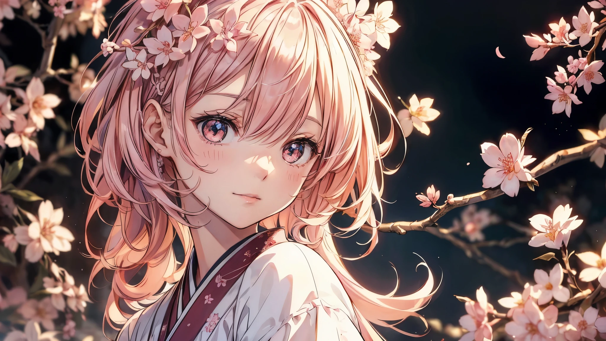 8K resolution, ((highest quality)), ((masterpiece)), ((super detailed)), (very delicate and beautiful), with a girl, solo, gentle expression, she is very(relax)with(Calm)Appearance, pink hair, Depth of the bounds written, bright smile, young expression,  bright peach-colored eyes, Beautiful pink hair, beautiful background, long hair, linear art, pink kimono, Japan, Japanese Style, cherry blossomsのように輝く瞳, upper eye, wonderful eyes, cherry blossoms, cherry blossomsの木, cherry blossomsの花が舞っている, Upper body