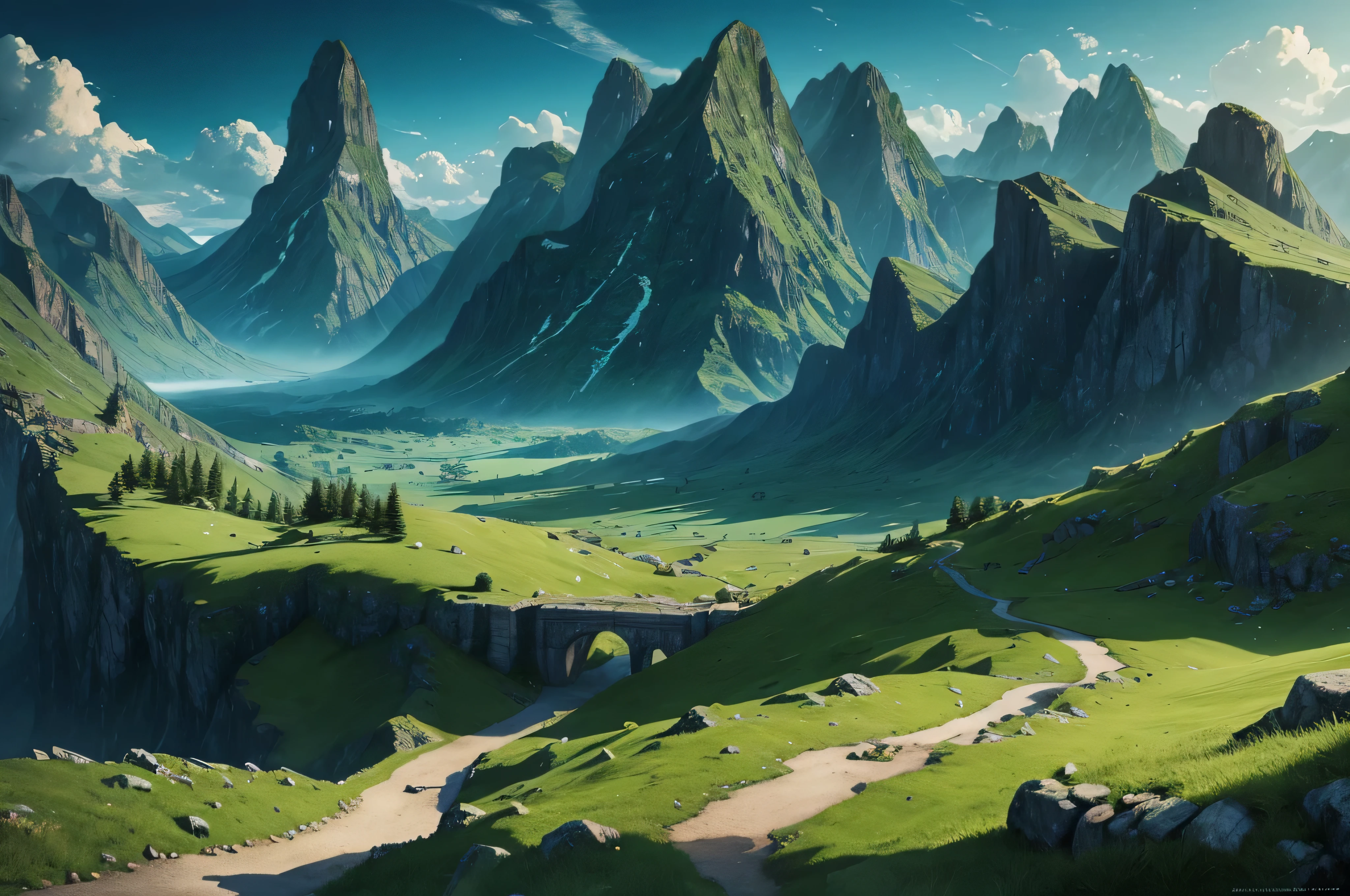 a range of green mountains (digital art, fantasy art, RPG art)