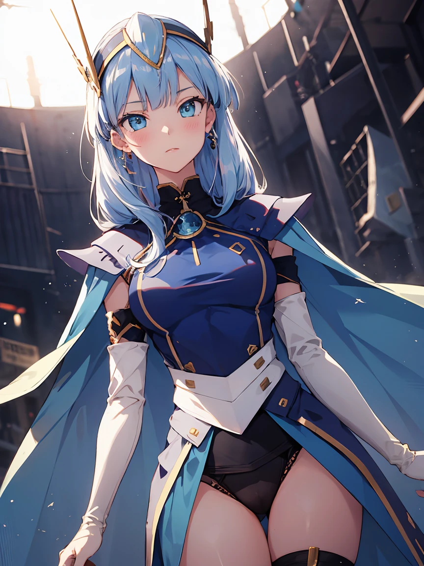 Fancy,1girl umi ryuuzaki hairband headgear, armadura azul hombro armadura capa azul codo guantes leotardo muslos blancos muslos,cameltoe,obra maestra,noise reduction,perfect anatomy,high resolution, ultra detallado,juego cg,dutch angle ,Hermosos ojos detallados,visualart,cinco dedos, manos perfectas, perfect lighting,