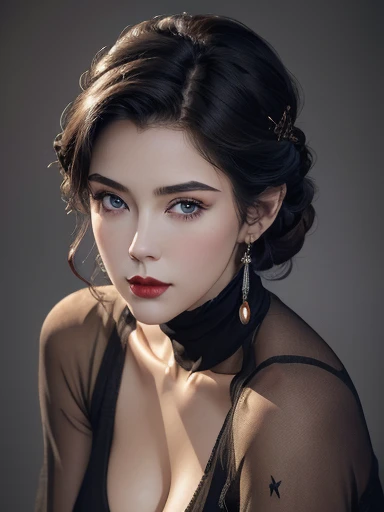(best quality,4k,8k,highres,masterpiece:1.2),ultra-detailed,(realistic:1.37), full waist up pose , upper knees pose ,woman, purple short hair,beautiful detailed, long eyelashes,intricate makeup,elegant,classy, graceful posture,vivid colors,vintage lighting,sharp focus,captivating sexy curvy body pose , no background, a woman with brunette straight short hair , blue round eyes, red lips, half-opened transparent black turtleneck velvet sweater, cleavage , braid , damp