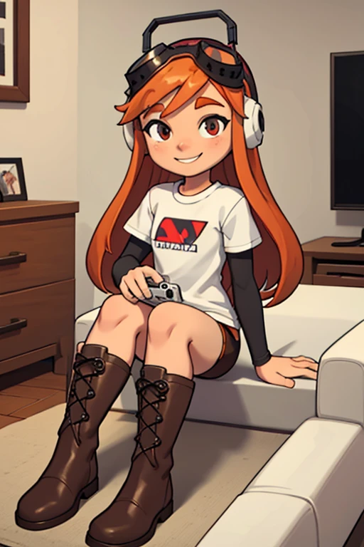 masterpiece, best quality, meggy, headphones, goggles on head, white shirt, layered sleeves, spandex shorts, brown boots, full body, looking at viewer, smile, sitting in living room playing video game