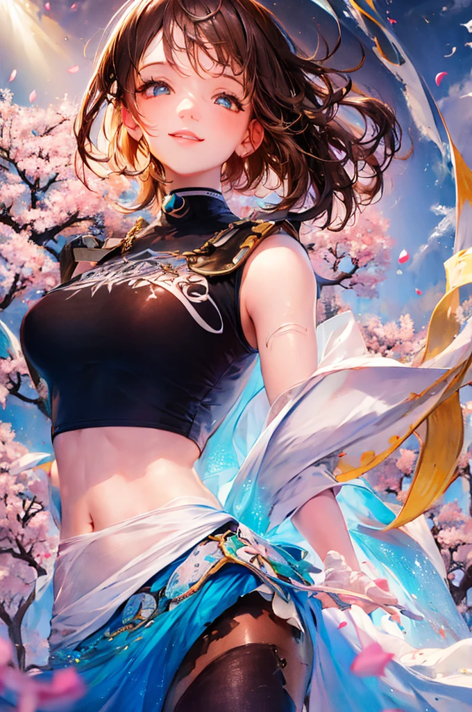 (extremely detailed 8k wallpaper),Complex, High detail, dramatic,8k,((masterpiece,ultra-detailed, Complex details, medium quality,figure)),One girl, alone, High resolution, View Viewer, (Brown Hair)，Pastel blue hair, short hair,Black T-shirt,smile ,street, cherry blossoms, Petals falling, Sunlight shines in, solar system, feminine, Empowered, beautiful, detailed, blush, cute