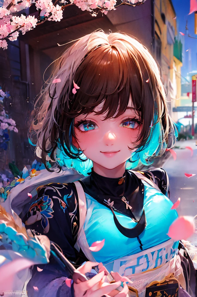 (extremely detailed 8k wallpaper),Complex, High detail, dramatic,8k,((masterpiece,ultra-detailed, Complex details, medium quality,figure)),One girl, alone, High resolution, View Viewer, (Brown Hair)，Pastel blue hair, short hair,Black T-shirt,smile ,street, cherry blossoms, Petals falling, Sunlight shines in, solar system, feminine, Empowered, beautiful, detailed, blush, cute