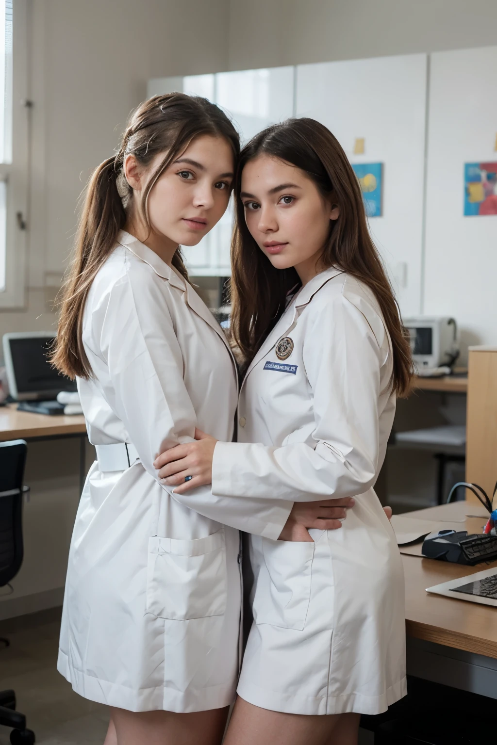 ((best quality)), ((Artwork)), (detailed), 3 nursing students studying at college in lab coat uniforms, illustration