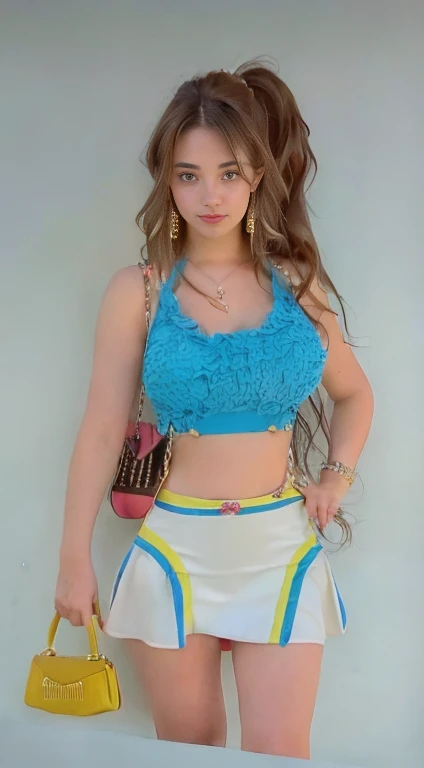 A beautiful girl, brunette, top and mini skirt, handbag, 12k UHD, very large breasts, cute, 18 years old, ((european))