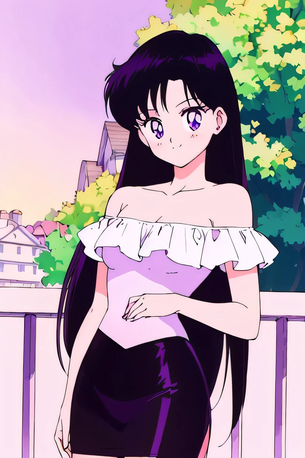 (retro anime girl:1.2), (masterpiece:1.2), (best quality), (ultra detailed), (8k,4k), (half body:1.2), (cowboy:1.2), (close up:1.2), (highly detailed:1.2), (White Ruffle Off-the-shoulder top:1.4), (purple skin tight pencil skirt:1.4), Rei Hino, 1 girl, solo, Best quality, masterpiece, High Definition, Teenager, Purple Eyes, Beautiful Detail Eyes, Black Hair, Long Hair, Good hands at sides, Seductive Smile, Blushing, Bare Neck, Bare Arms, Bare Shoulders, short sleeve, Strapless, White Ruffle Off-the-Shoulder Top, purple skin tight pencil skirt, standing at the railing in her garden, looking at viewers, garden, sunset skies, rose bushes, outdoor gazebo
