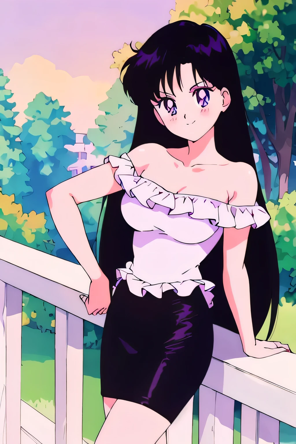 (retro anime girl:1.2), (masterpiece:1.2), (best quality), (ultra detailed), (8k,4k), (half body:1.2), (cowboy:1.2), (close up:1.2), (highly detailed:1.2), (White Ruffle Off-the-shoulder top:1.4), (purple skin tight pencil skirt:1.4), Rei Hino, 1 girl, solo, Best quality, masterpiece, High Definition, r, Purple Eyes, Beautiful Detail Eyes, Black Hair, Long Hair, Good hands at sides, Seductive Smile, Blushing, Bare Neck, Bare Arms, Bare Shoulders, short sleeve, Strapless, White Ruffle Off-the-Shoulder Top, purple skin tight pencil skirt, standing at the railing in her garden, looking at viewers, garden, sunset skies, rose bushes, outdoor gazebo