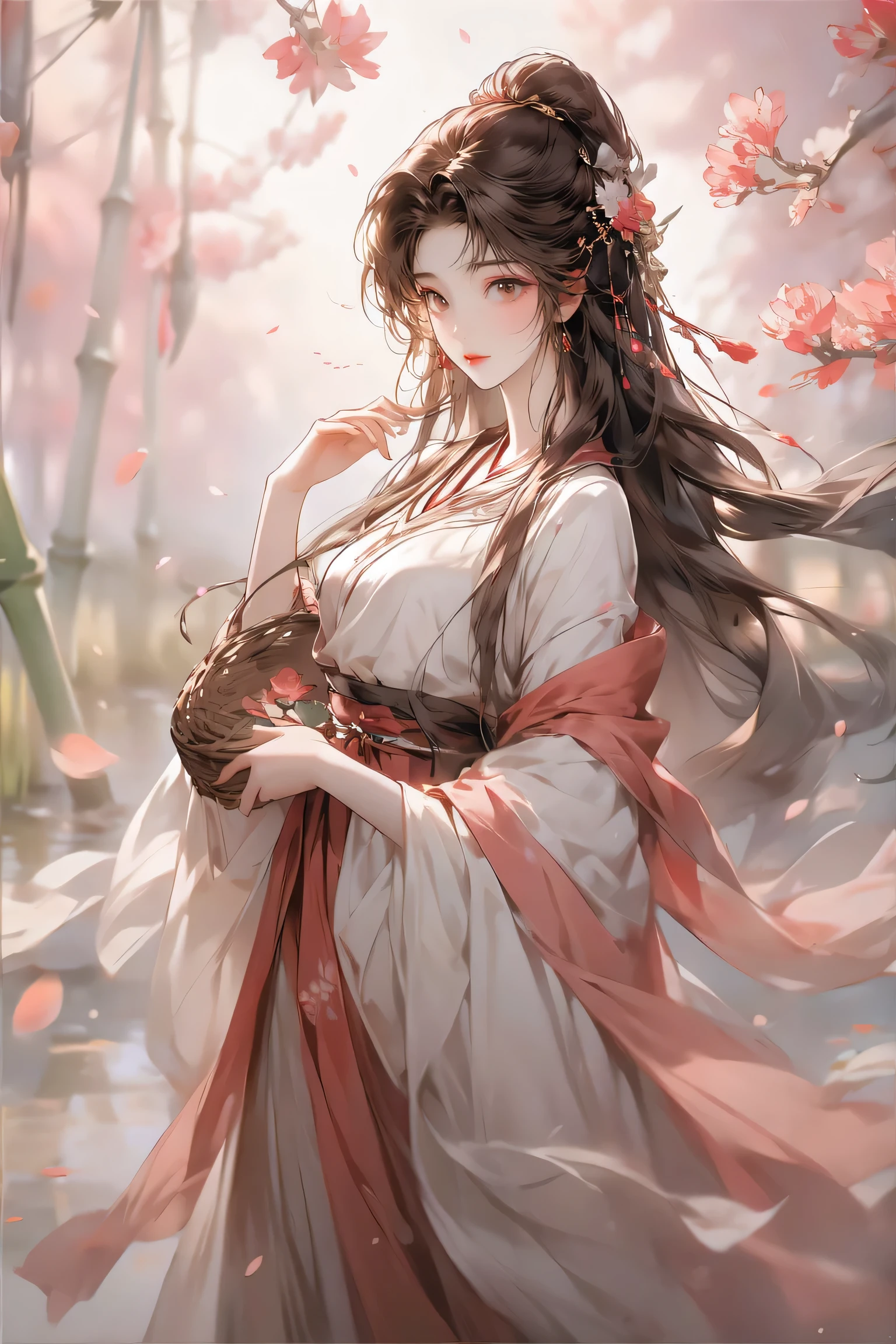 1girl,Long brown hair decorated with flowers 🏵️, bright brown eyes,Smile, smile,Girl wearing a simple hanfu, looks beautiful and pure,The background is filled with red mulberry trees 🍁,Falling leaves make the atmosphere look beautiful,Girl is holding a bamboo basket containing mulberry flowers 🍁while picking flowers, graceful, beautiful, magical, sweet, 4k