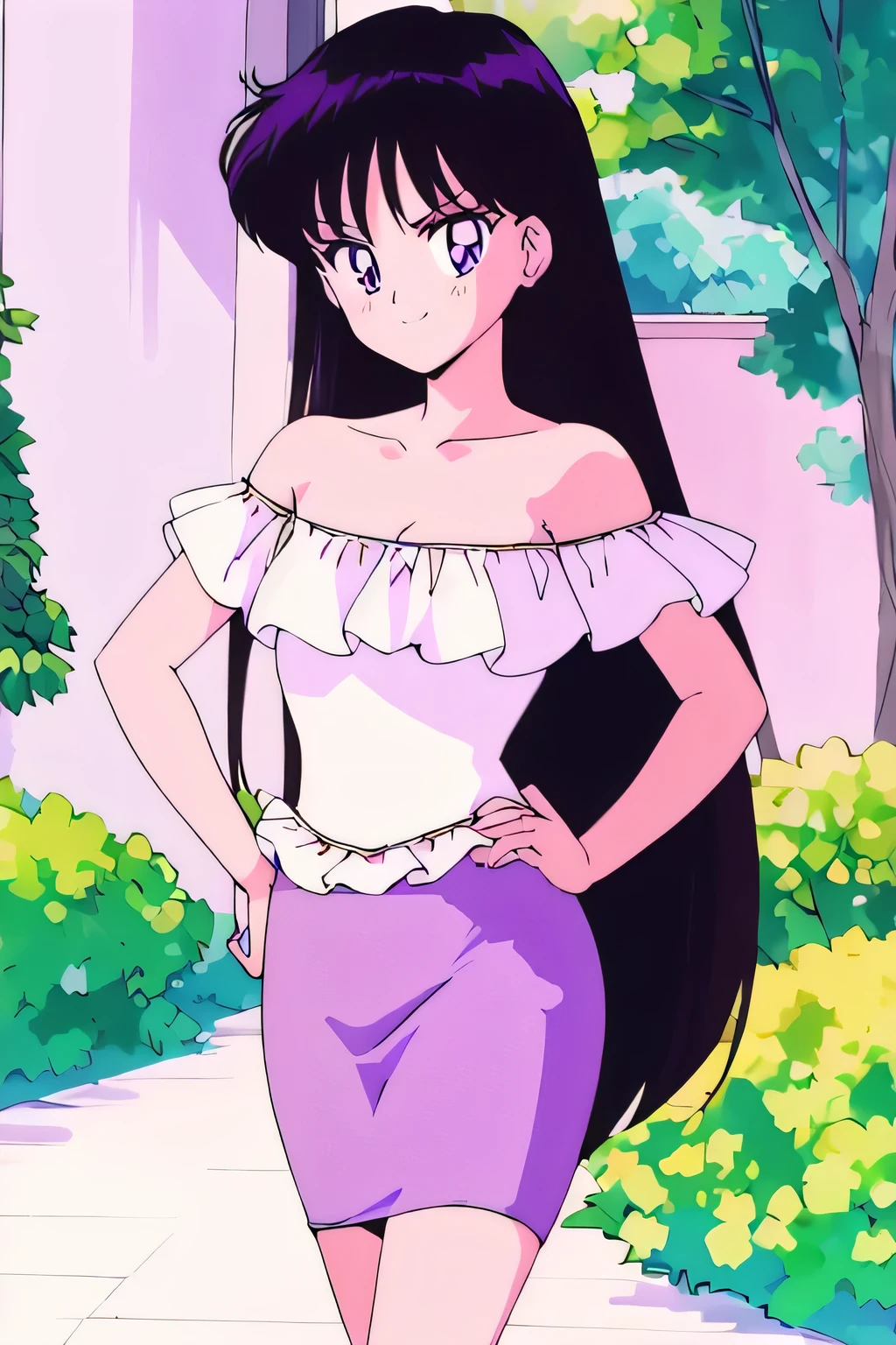 (retro anime girl:1.2), (masterpiece:1.2), (best quality), (ultra detailed), (8k,4k), (half body:1.2), (cowboy:1.2), (close up:1.2), (highly detailed:1.2), (White Ruffle Off-the-shoulder top:1.4), (purple skin tight pencil skirt:1.4), Rei Hino, 1 girl, solo, Best quality, masterpiece, High Definition, r, Purple Eyes, Beautiful Detail Eyes, Black Hair, Long Hair, Good hands at sides, Seductive Smile, Blushing, Bare Neck, Bare Arms, Bare Shoulders, short sleeve, Strapless, White Ruffle Off-the-Shoulder Top, purple skin tight  pencil skirt, walking in the garden with bare feets, looking at viewers, garden, sunset skies, rose bushes, outdoor gazebo