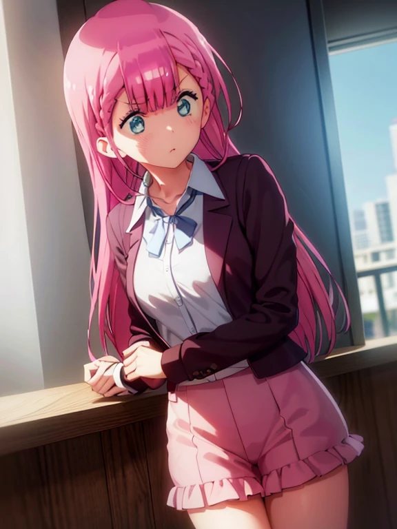1 chica, alone, mafuyu kirisu, blue eyes, trenza, pelo largo, twin trenzas, cabello rosado, ROMPER long sleeve, purple falda, camisa, falda, Chaqueta de traje, white camisa, chaqueta de sport, REST mirando al espectador, DESCANSA en el interior, en el aula, ROMPER, (obra maestra: 1.2), mejor calidad, high resolution, fondo de pantalla de unidad 8k, cara extremadamente detallada, perfect lighting, CG extremadamente detallado (manos perfectas, perfect anatomy), Pechos grandes, caderas medianas, muslos anchos