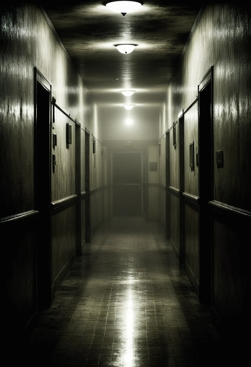 Silent Hill. Alhimella Hospital. Night atmosphere, sepia, grainy, eerie setting. Creepypasta is a scary creepy atmosphere. Fog. A creepy look from the shadows.
