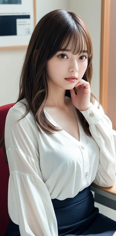 masterpiece, highest quality, 8k, 20th generation, Big Breasts, cute, alone, sad, cute, Girlish,cute 繊細な女の子, cute、Pure beauty, RAW Photos, Professional photography, Portraiture, Soft Light, Professional Lighting, Backlight, Upper Body, avert your eyes, Sophisticated, Film Grain, (Eye and facial details:1.0), Round face、Floating Hair, beautiful, Flowing hair, Asymmetrical bangs、(Big Breasts:1.0)、loose white blouse、Navy blue cardigan、You can see a little bit of her chest、Micro Mini Skirt、Exposed thighs、Voluptuous thighs、dolly make、Heterochromia iridis、Office at night、In front of the computer、sitting in an office chair、