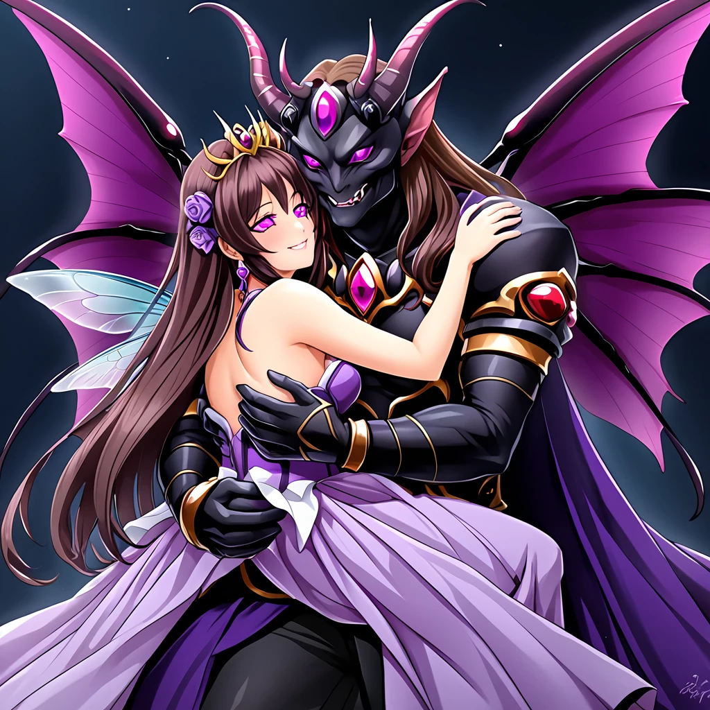 ((highest quality)), ((masterpiece)), (detailed), （Perfect Face）、（The woman is Marina Katsuragi, a member of the Purple Fly Demon Clan, with medium-long brown hair and a fly-decorated engagement ring on her arm.２She is carried in the princess carry position by Beelzebub, the great demon king of flies, who has a book and four thin fly-like arms, and is loved by him while he gives her deep kisses.）、She became the wife of the Demon King of flies and became a demon of flies with a smile, and gained the same fly antennae and transparent eyes as the Demon King.４The body of the fly is purple with black borders.々The woman is wearing a cute devil dress, a fly-themed tiara, fly earrings and other accessories all with a fly motif, and is carried in a princess carry by Beelzebub, the Demon King of the Flies. She smiles happily and hugs him and kisses him. She is loved and favored by Beelzebub, the Demon King of the Flies.、The man is Beelzebub, the monstrous demon king of flies, and caresses the woman, lifting her up in a princess carry, embracing her, rubbing her cheeks with him, kissing her and showing her affection.、（Demon King２He has one arm and four thin fly arms, and with those six arms he holds the woman tightly in a princess carry and kisses her deeply, pressing her against him.）