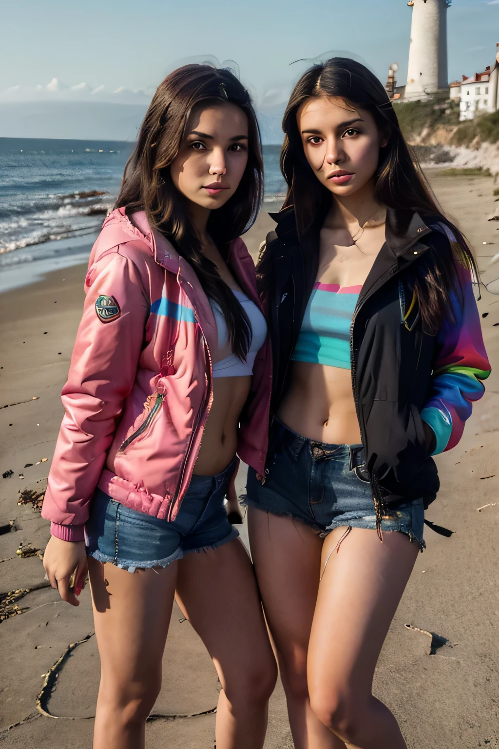Albanian girl. Dark hair. Dark Eyes. Teen. Young adult. Pretty body, perfect body, wearing rainbow clothes, puffer jacket, 40DD, with her best friend, 2 girls, seaside, lighthouse, super high definition, perfect shot, perfect pose, Canon 5D Mark 4