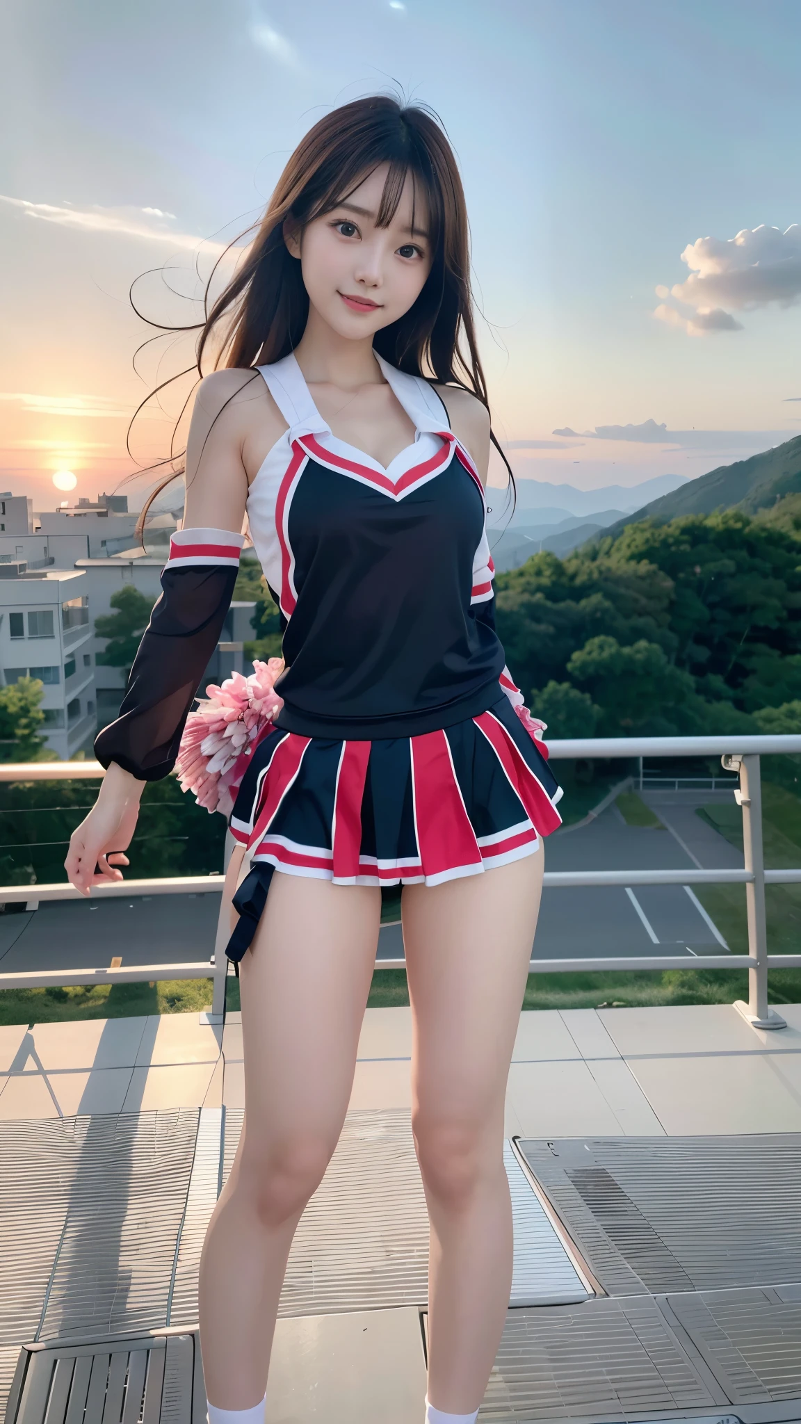 anime風の女性キャラクターのカラフルなプロフィール写真. anime「My Favorite Child」has the same characteristics as. The setting is sunset on the mountaintop. The environment is very fantastic. The camera settings are、A digital camera with a low ISO setting. This lens is a medium aperture zoom lens.. Inspired by Lee Da-hae of Rakuten Girls, one person, ((Large Breasts)), (Cute cheerleader costumes), (nice smile:1.3), Slender body line, Small and slender figure, Narrow waist, (Captivating Dance:1.3), (Detailed eyes and face:1.2), (Detailed hands:1.2), (Perfect Anatomy:1.3), (View the viewer:1.2)