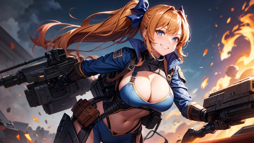 1girl, solo, war, fire, gun, chestnut hair, side ponytail, large breasts, mecha suit, dark blue eyes, cleavage 1:3, grin, looking at the viewer, standing, hair ribbon