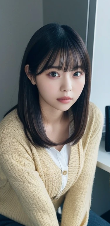 masterpiece, highest quality, 8k, 20th generation, Big Breasts, cute, alone, sad, cute, Girlish,cute 繊細な女の子, cute、Pure beauty,  RAW Photos, Professional photography, Portraiture, Soft Light, Professional Lighting, Backlight, Upper Body, avert your eyes, Sophisticated, Film Grain, (Eye and facial details:1.0), Round face、Floating Hair, beautiful, Flowing hair, Asymmetrical bangs、(Big Breasts:1.0)、loose white blouse、Navy blue cardigan、You can see a little bit of her chest、Micro Mini Skirt、Exposed thighs、Voluptuous thighs、dolly make、Heterochromia iridis、Office at night、In front of the computer、sitting in an office chair、