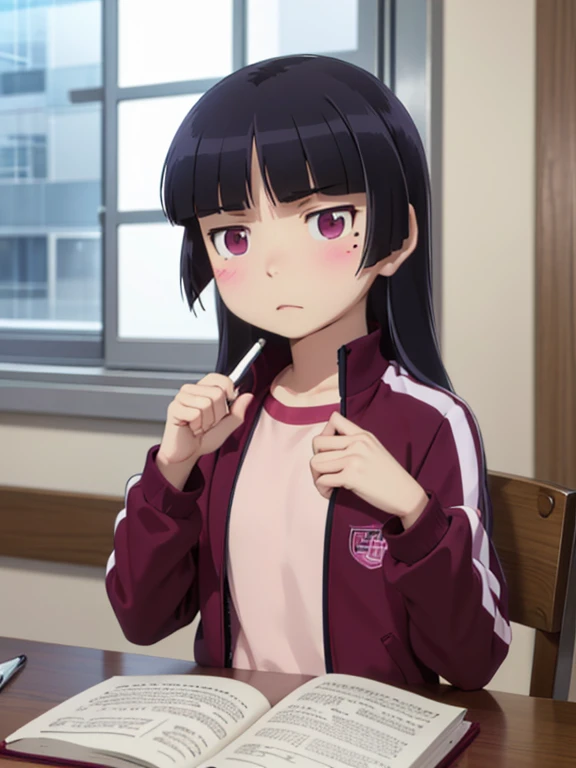 (ruri gokou), long hair, blush, black hair, 1girl, pants, mole, mole under eye, wine red track jacket, track suit, wine red track pants, pink shirt, unzip jacket, Japanese-style room, Private room, study, desk, Note, pen, Book, concentrated, Calm, machine, window, bright, relax, daily, Approachable, Personal Life, Heartwarming, Calm, indoor, personal space, intellectual, Quiet environment, Personal time, study, thinking, positive, autonomy, like々Shii, modern, casual
