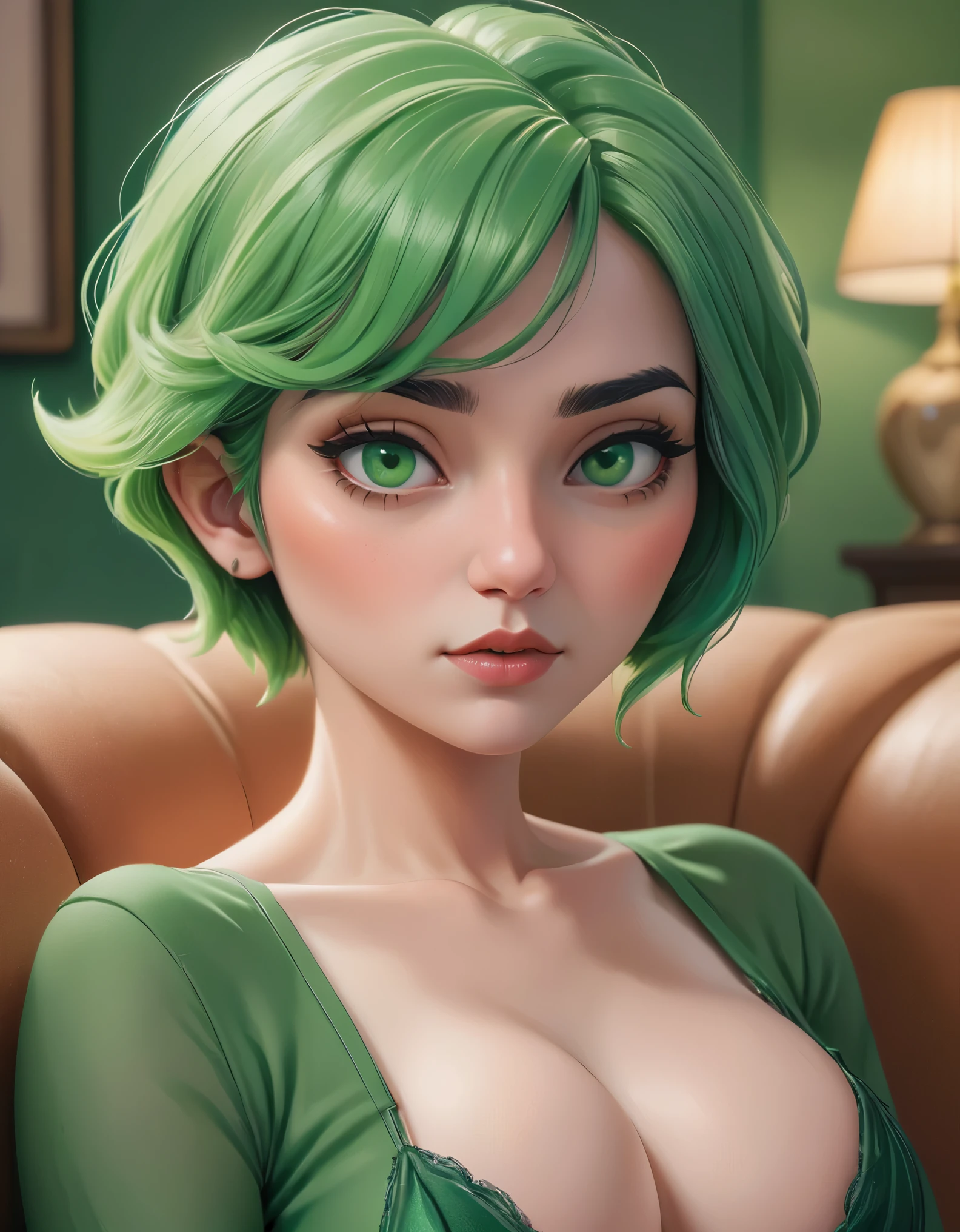 (best quality,4k,8k,highres,masterpiece:1.2),ultra-detailed,realistic woman portrait,cartoon style,green hair,green bra,detailed face,beautiful detailed eyes,beautiful detailed lips,sitting on a green couch,relaxed pose,soft lighting,green color tone,

In the picture，We see a cartoon image of a green-haired woman。She has green hair，Wearing a green bra，Sitting on the green sofa。This cartoon character is rendered in very high detail，It gives a sense of realism，But at the same time it maintains the cartoon style。The female facial features are particularly detailed，Especially her beautiful eyes and lips features。她以放松的姿势Sitting on the green sofa，Soft lighting，Brings a comfortable atmosphere to the whole picture。The color tone of the whole picture is mainly green，Create a unique visual effect。