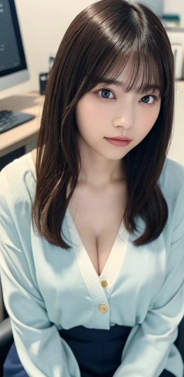 masterpiece, highest quality, 8k, 20th generation, Big Breasts, cute, alone, sad, cute, Girlish,cute 繊細な女の子, cute、Pure beauty,  RAW Photos, Professional photography, Portraiture, Soft Light, Professional Lighting, Backlight, Upper Body, avert your eyes, Sophisticated, Film Grain, (Eye and facial details:1.0), Round face、Floating Hair, beautiful, Flowing hair, Asymmetrical bangs、(Big Breasts:1.0)、loose white blouse、Navy blue cardigan、You can see a little bit of her chest、Micro Mini Skirt、Exposed thighs、Voluptuous thighs、dolly make、Heterochromia iridis、Office at night、In front of the computer、sitting in an office chair、