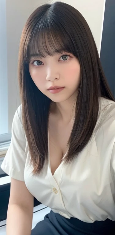 masterpiece, highest quality, 8k, 20th generation, Big Breasts, cute, alone, sad, cute, Girlish,cute 繊細な女の子, cute、Pure beauty,  RAW Photos, Professional photography, Portraiture, Soft Light, Professional Lighting, Backlight, Upper Body, avert your eyes, Sophisticated, Film Grain, (Eye and facial details:1.0), Round face、Floating Hair, beautiful, Flowing hair, Asymmetrical bangs、(Big Breasts:1.0)、loose white blouse、Navy blue cardigan、You can see a little bit of her chest、Micro Mini Skirt、Exposed thighs、Voluptuous thighs、dolly make、Heterochromia iridis、Office at night、In front of the computer、sitting in an office chair、