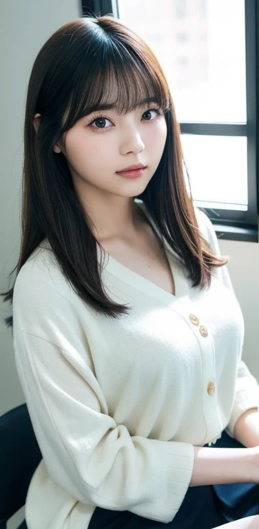 masterpiece, highest quality, 8k, 20th generation, Big Breasts, cute, alone, sad, cute, Girlish,cute 繊細な女の子, cute、Pure beauty,  RAW Photos, Professional photography, Portraiture, Soft Light, Professional Lighting, Backlight, Upper Body, avert your eyes, Sophisticated, Film Grain, (Eye and facial details:1.0), Round face、Floating Hair, beautiful, Flowing hair, Asymmetrical bangs、(Big Breasts:1.0)、loose white blouse、Navy blue cardigan、You can see a little bit of her chest、Micro Mini Skirt、Exposed thighs、Voluptuous thighs、dolly make、Heterochromia iridis、Office at night、In front of the computer、sitting in an office chair、