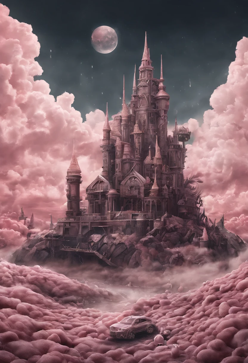 a beautiful world made with candy and yummy desserts, clouds made of cotton candy. a castle lies forward with deep rich chocolate and marshmallows, and icecream