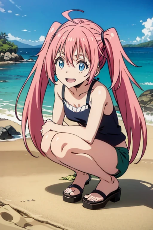 masterpiece, highest quality, 高解picture度,Anime Style、Characters from TenSura、picture、whole body Platinum pink hair(Twin tails:20:1)(Ahoge:1:10)、blue eyes、About 10 years old、smile、The double tooth shines、Tank top、Shorts、Sandy Beach、squat、Ocean、Sand castles