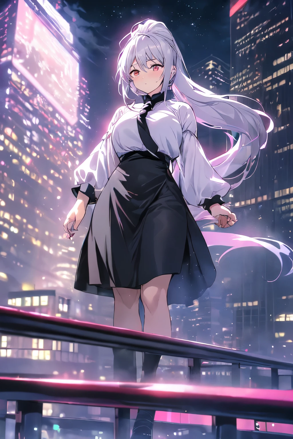 anime, (artwork, best quality, ultra-detailed, high contrast), 1 woman (Alone, full body, plus size body, standing on the edge of the skyscraper, silver hair, LONG In a ponytail, red eyes ruby sparkles, (simple black qipao, black cybernetics with neon pink), transparent black socks), (skyscraper roof, overlooking a city, detailed background ((night time, Darkness, low light pollution)))