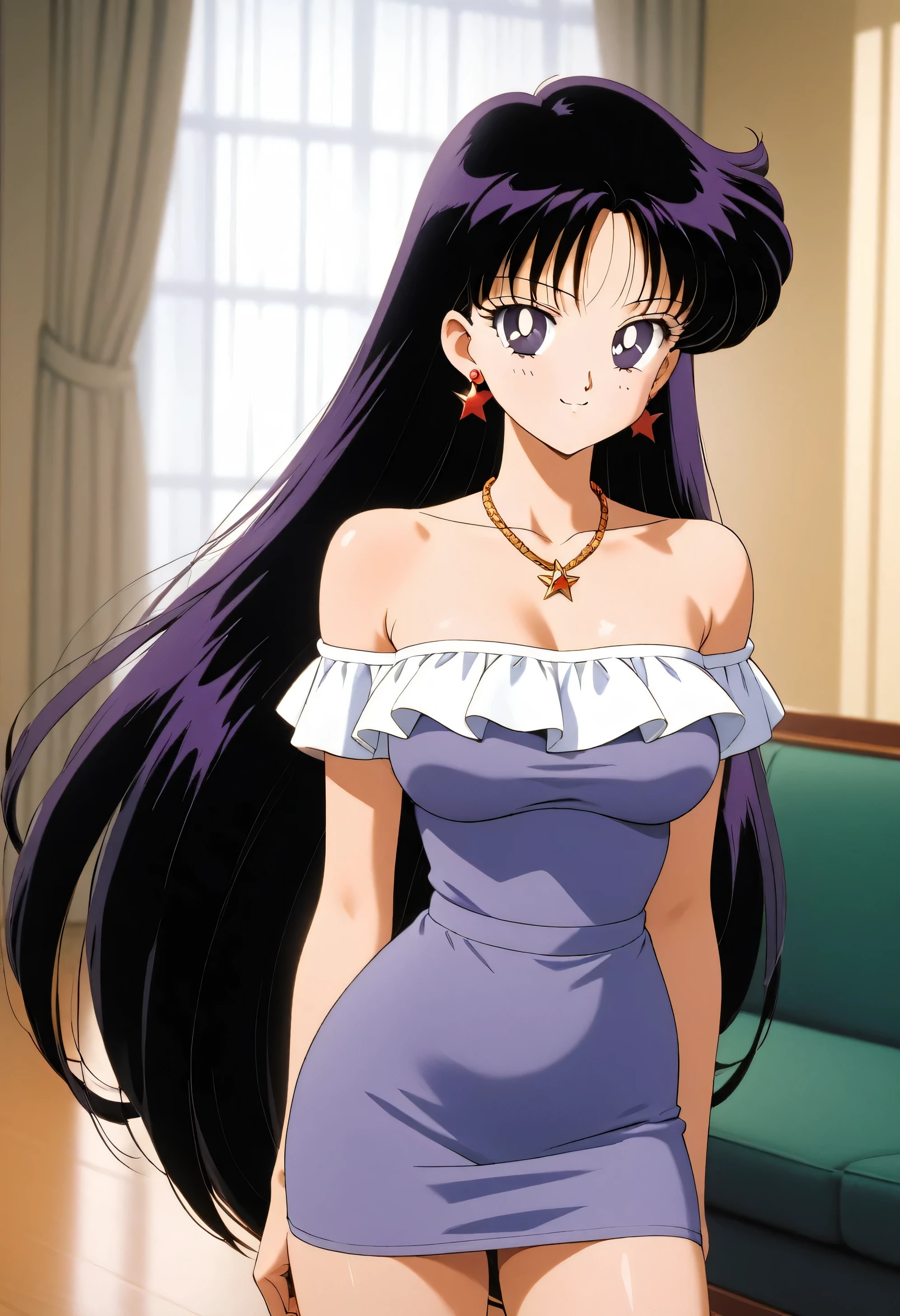 aamars, very long hair, black hair, parted bangs, purple eyes, 1990s \(style\), 1 girl, solo, Best quality, masterpiece, High Definition, strapless, short sleeve white ruffle off the shoulder top, a purple skin tight pencil skirt, standing up, arms at sides, necklace, indoors, sofa, seductive smile