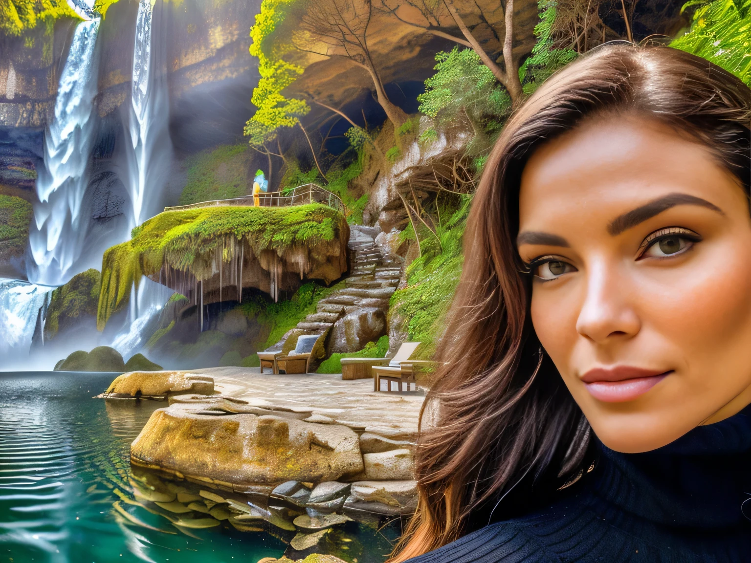 A beautiful Brazilian woman with tanned white skin and medium-length dark hair wearing a black turtleneck sweater in front of a waterfall, fish in the background, waterfalls in the background, in a cave, with a miniature indoor lake, waterfall in the background, in a wild mushroom fountain, vacation photo, by the sea, dragon in the background, in a cave with a waterfall, portrait, beautiful surroundings.=. She is around 40 years old, ward is 162 cm tall and her body weighs 56 kg. Her body exudes glamor and her face is a definition of beauty. Slender body, thin waist. Highly realistic, hyperrealism, very elaborate skin, hyperrealism, high quality photo. Full Body Photo, Sharp Photo, High Resolution, High Quality, Masterpiece, 16K Photo, Sharp, High Contrast, Masterpiece, (Photographically Realistic), 16k, NUDE, NUDITY, NFSW.