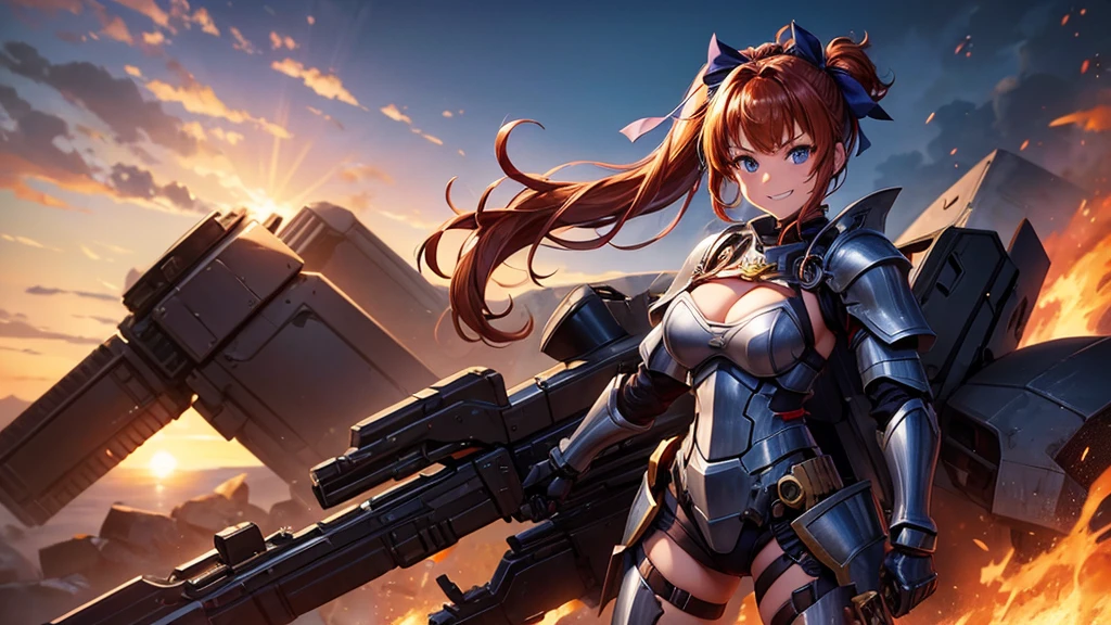 1girl, solo, war, fire, gun, chestnut hair, side ponytail, large breasts, mecha suit, dark blue eyes, cleavage 1:3, grin, looking at the viewer, standing, hair ribbon