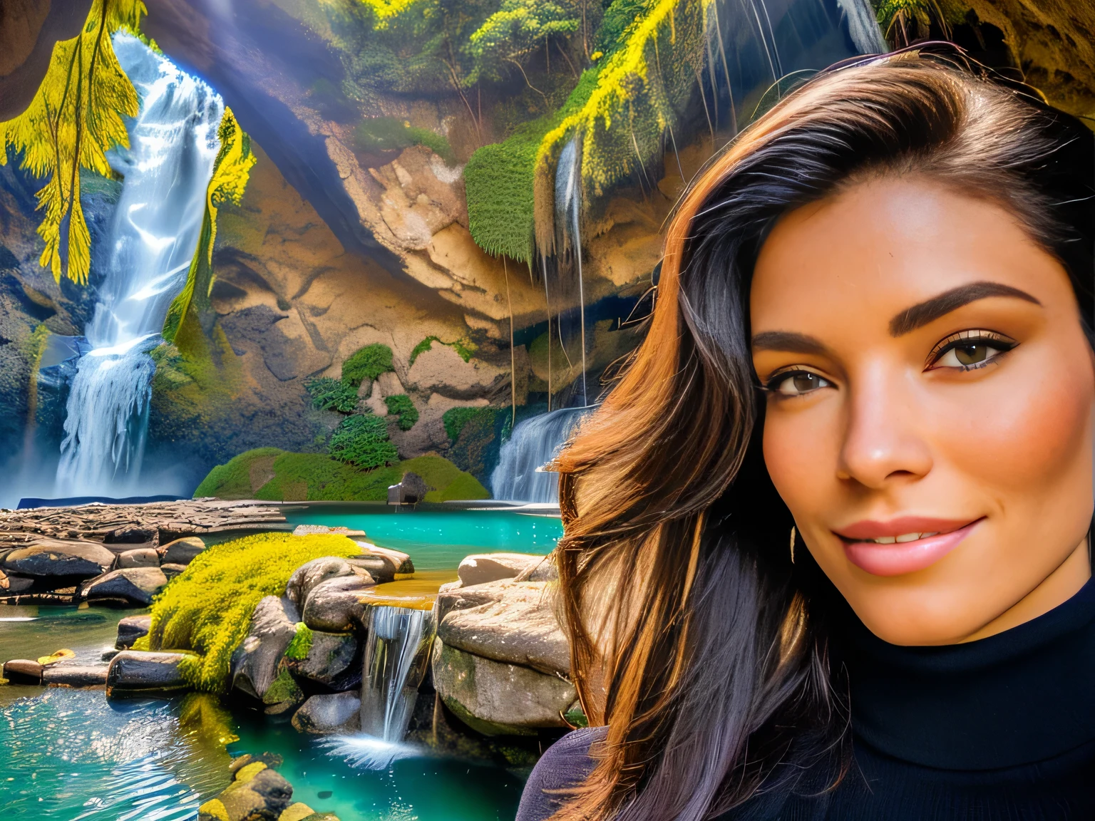 A beautiful Brazilian woman with tanned white skin and medium-length dark hair wearing a black turtleneck sweater in front of a waterfall, fish in the background, waterfalls in the background, in a cave, with a miniature indoor lake, waterfall in the background, in a wild mushroom fountain, vacation photo, by the sea, dragon in the background, in a cave with a waterfall, portrait, beautiful surroundings.=. She is around 40 years old, ward is 162 cm tall and her body weighs 56 kg. Her body exudes glamor and her face is a definition of beauty. Slender body, thin waist. Highly realistic, hyperrealism, very elaborate skin, hyperrealism, high quality photo. Full Body Photo, Sharp Photo, High Resolution, High Quality, Masterpiece, 16K Photo, Sharp, High Contrast, Masterpiece, (Photographically Realistic), 16k, NUDE, NUDITY, NFSW.