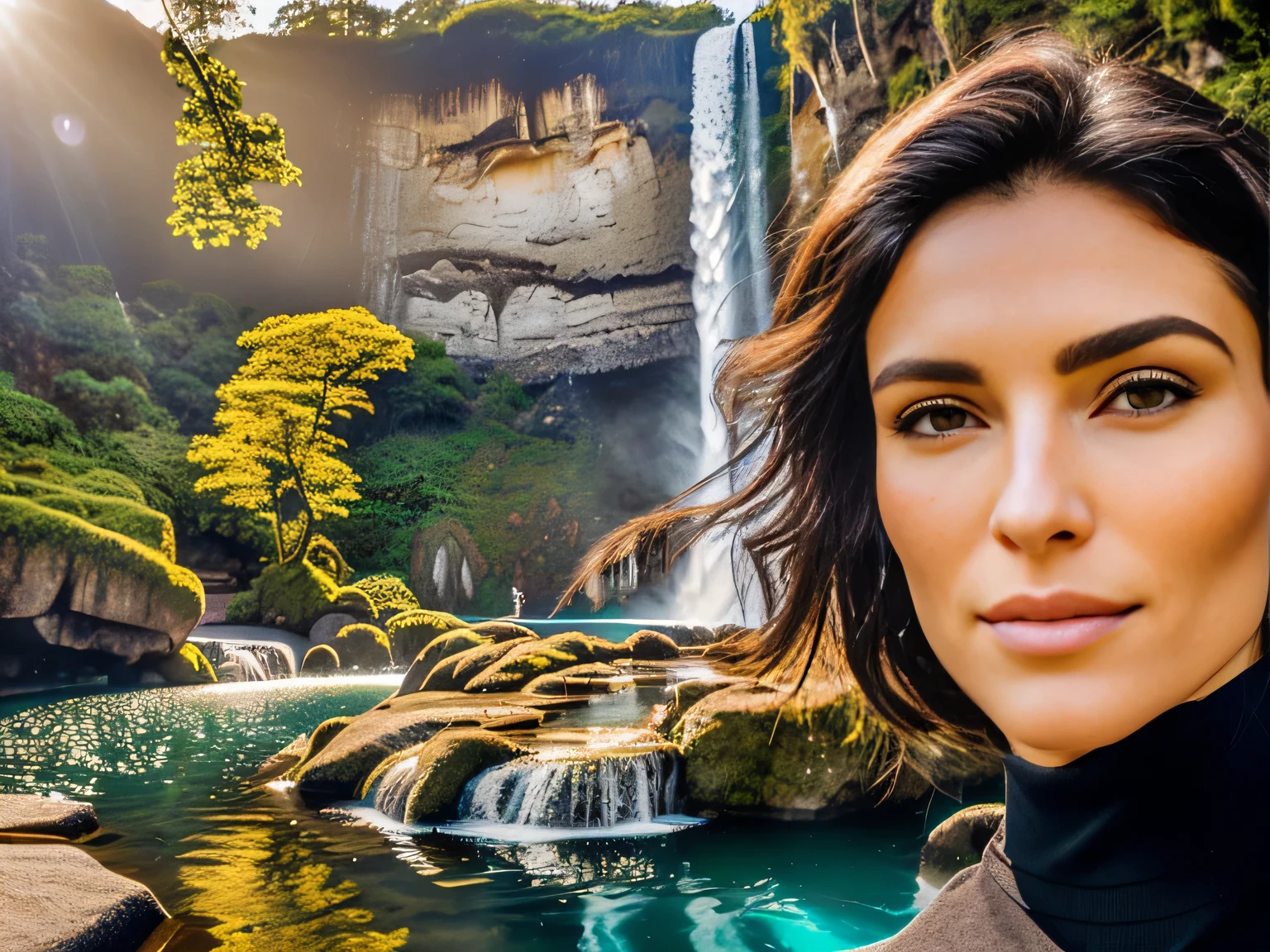 A beautiful Brazilian woman with tanned white skin and medium-length dark hair wearing a black turtleneck sweater in front of a waterfall, fish in the background, waterfalls in the background, in a cave, with a miniature indoor lake, waterfall in the background, in a wild mushroom fountain, vacation photo, by the sea, dragon in the background, in a cave with a waterfall, portrait, beautiful surroundings.=. She is around 40 years old, ward is 162 cm tall and her body weighs 56 kg. Her body exudes glamor and her face is a definition of beauty. Slender body, thin waist. Highly realistic, hyperrealism, very elaborate skin, hyperrealism, high quality photo. Full Body Photo, Sharp Photo, High Resolution, High Quality, Masterpiece, 16K Photo, Sharp, High Contrast, Masterpiece, (Photographically Realistic), 16k, NUDE, NUDITY, NFSW.