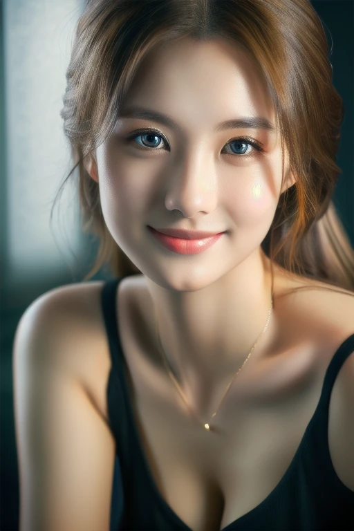 a beautiful russian woman in her 20s, light brown hair, fine white skin, attractive face, tight waist, cleavage, smiling kindly, wearing stylish clothes and necklace, active posing, detailed eyes, nose, lips, long eyelashes, perfectly balanced body, rough hairstyle, (best quality,8k,highres,masterpiece:1.2),ultra-detailed,(realistic,photorealistic,photo-realistic:1.37),HDR,UHD,studio lighting,ultra-fine painting,sharp focus,physically-based rendering,extreme detail description,professional