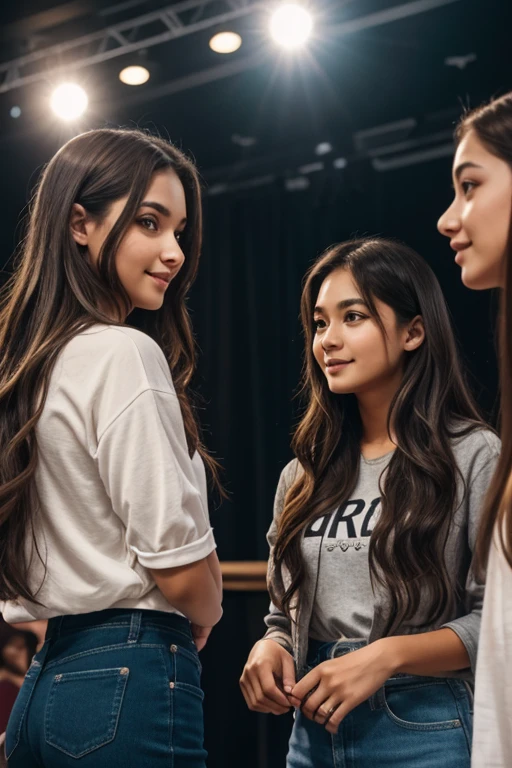 friends girls group 22 years old highlights wearing a casual clothes, talking to each other highlights with rings detailed, innocent face, natural wavy hair, hazel eyes, Beauty 10 people, 10 people beauties, Casual clothes, A hyper-realistic, talking between friends expression, on a stage talking with a young people hiquality, Friends group, Nikon, Canon, Fujifilm, HD, 4K, 8k
