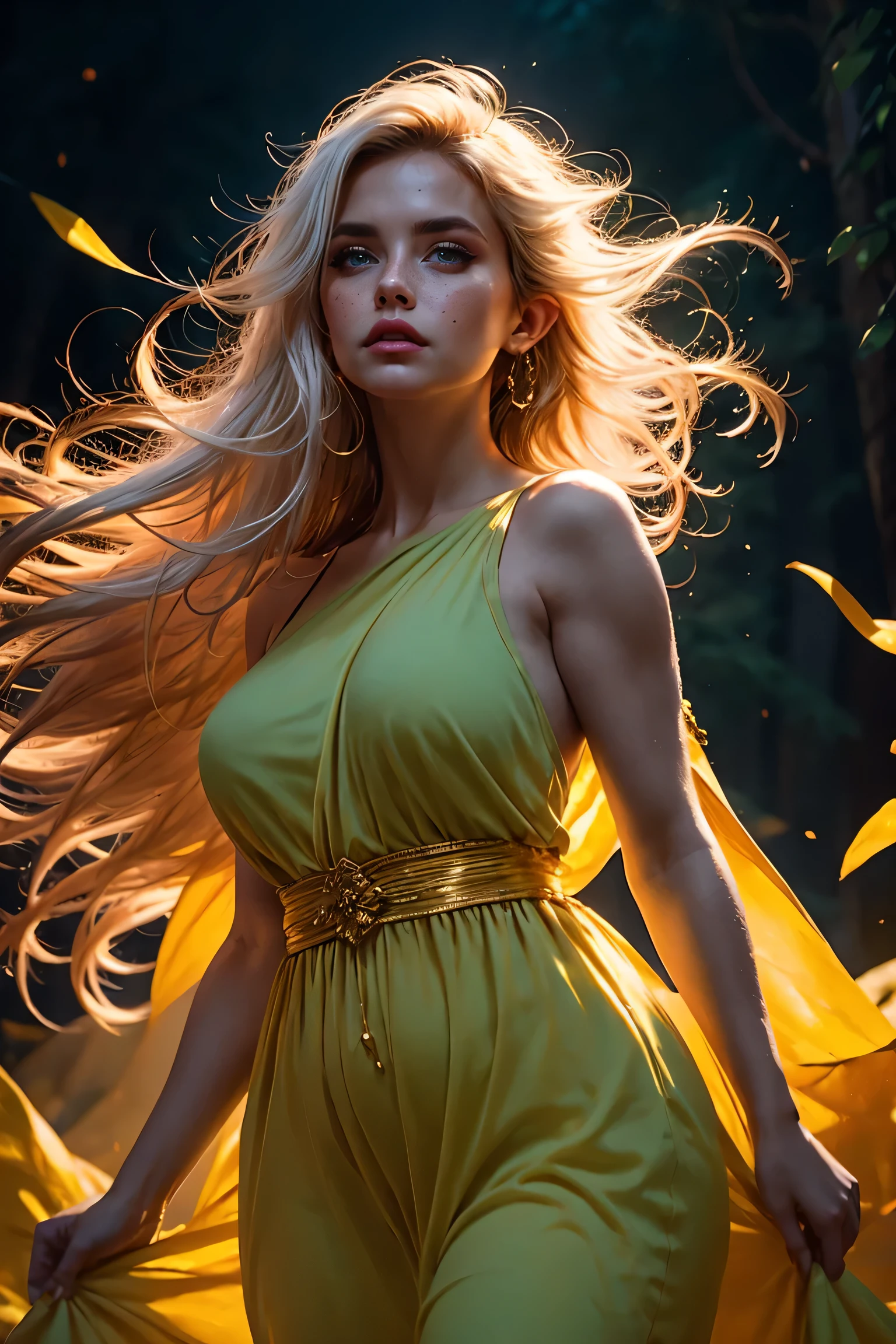 A elf in a long dress being lifted by the wind, straight long white hair, soft moss, ornament of gold, deep forest, deep blue tones, dark atmosphere, brush painting style, sketch, vibrant colors, soft lighting, (masterpiece, best quality:1.2)bare chested