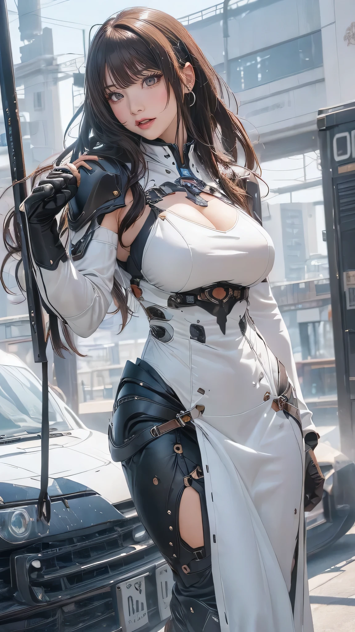 (random fighting pose:1.5),(leather boots,(asymmetrical mecha armor),(long embroidered white lace dress,see through:1.2),(random hairstyle),(Thin type:1.5),(large breasts:1.5),(Highest image quality,(8K), Ultra-realistic, Best Quality, High quality, High Definition, high quality texture, high detailing, Beautiful detailed, fine detailed, extremely details CG, Detailed texture, realistic representation of face, masterpiece, presence)