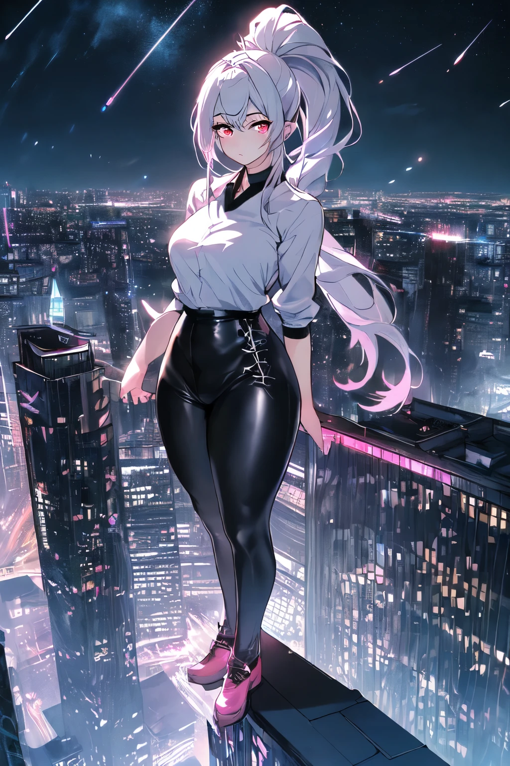 anime, (artwork, best quality, ultra-detailed, high contrast), 1 woman (Alone, full body, plus size body, standing on the edge of the skyscraper, silver hair, LONG In a ponytail, red eyes,silver eyes (detailed eyes), embarrassed expression, red lips (perfect lips), ruby sparkles, (simple black qipao, black cybernetics with neon pink), transparent black socks), (skyscraper roof, overlooking a city, detailed background ((night time, Darkness, low light pollution)))