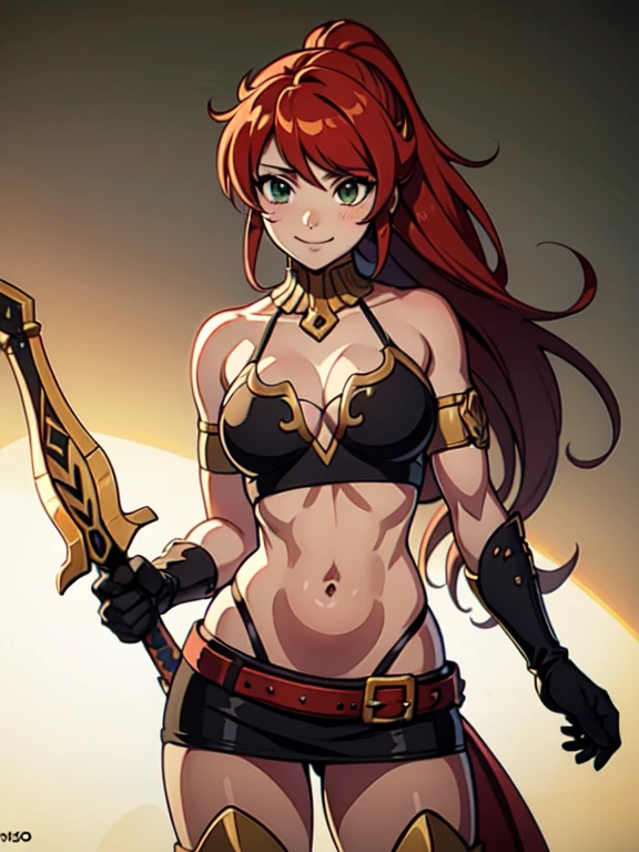 Pyrrha Nikos, ojos verdes, cabello rojo, cola de caballo, pelo largo, obra maestra, mejor calidad, muy detallado ,destello,cuello halter,oro_gargantilla, fondo detallado complejo,
adentro, Pared de piedra, ancient interior, ancient egyptian room, hieroglyphs, dark lighting, dark atmosphere, (tiro de vaquero), holding a espada, espada, barriga_cadena,harem_atuendo,ombligo, collar,
pelvic_cortina,revelador_Ropa, velo,obra maestra,mejor calidad,1 chica,maduro,evil sonrisa, sonrisa,
femenino,maduro,collar,durante, exposed barriga, exposed ombligo, abdomen expuesto, exposed lower barriga