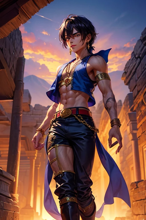 Aladdin, 20 years, cabello corto negro dorado oscuro, cabello corto desordenado, ojos marrones oscuro, ropa de djinn, chaleco abierto sin mangas plata claro, light silver vest with blue Arabic print, light red arabic pants, Golden Belt, pulsera djinn con gemas plateadas , botas marrones, tatuajes morados fosforescentes, rodeado de fuego y humo morado, muscular build of the delegate, manos atadas con cadenas y pies rodeados de cadenas blancas, purple magic circles in each hand on a background of arabic ruins.