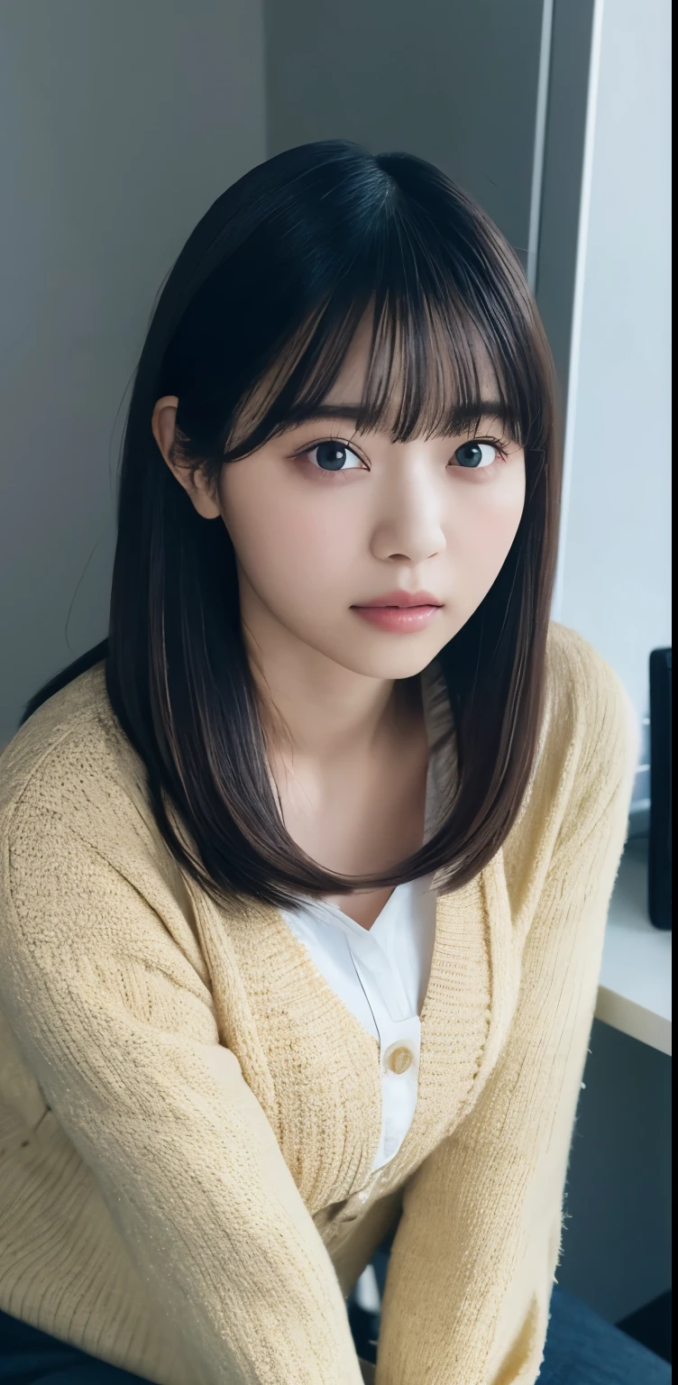 masterpiece, highest quality, 8k, 20th generation, Big Breasts, cute, alone, sad, cute, Girlish,cute 繊細な女の子, cute、Pure beauty,  RAW Photos, Professional photography, Portraiture, Soft Light, Professional Lighting, Backlight, Upper Body, avert your eyes, Sophisticated, Film Grain, (Eye and facial details:1.0), Round face、Floating Hair, beautiful, Flowing hair, Asymmetrical bangs、(Big Breasts:1.0)、loose white blouse、Navy blue cardigan、You can see a little bit of her chest、Micro Mini Skirt、Exposed thighs、Voluptuous thighs、dolly make、Heterochromia iridis、Office at night、In front of the computer、sitting in an office chair、