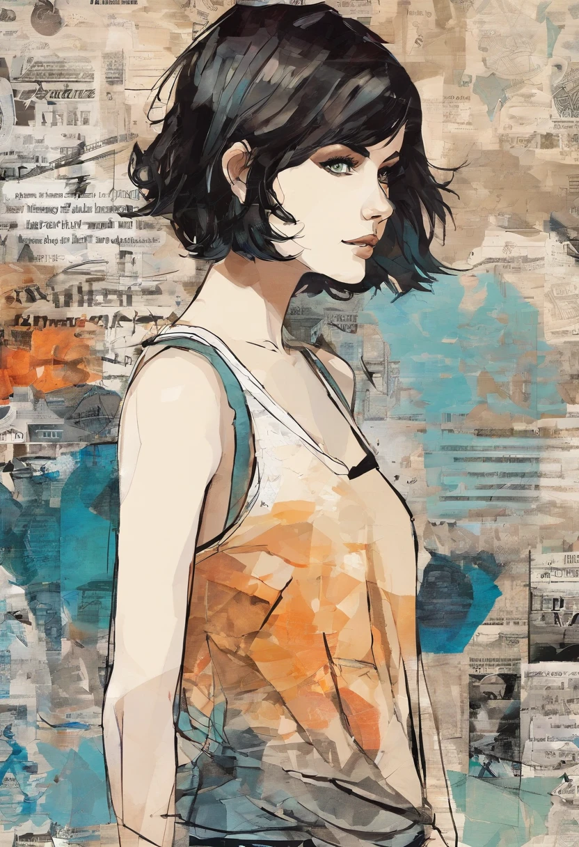 1girl, short hair, brown and black hair, walking around campus, black shorts, tank top, fair skin, blue eyes