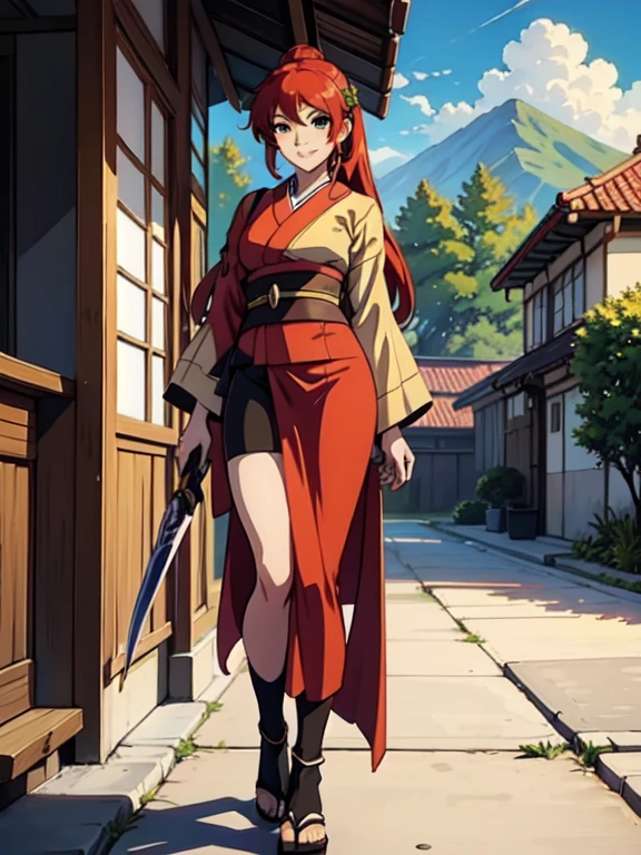 Pyrrha Nikos, ojos verdes, cabello rojo, cola de caballo, pelo largo, obra maestra, mejor calidad, muy detallado, a chicas anime in kimono dress with a sword posing for a
picture, hombro desnudo,open kimono, evil sonrisa, boca abierta, top corto , , sonrisa,
estilo anime ecchi, chicas anime, estilo ecchi, ecchi, arte animado digital!!, En estilo anime, Obra oficial, visual
novel cg, hermosa chica anime, estilo anime 4k, kimono pencil skirt, vientre expuesto, ombligo expuesto,
abdomen expuesto, vientre bajo expuesto, exterior, arquitectura japonesa, temple