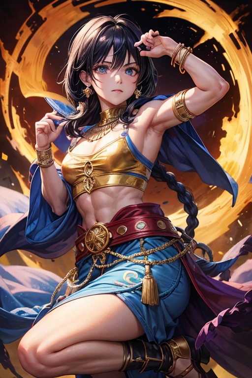Aladdin, 20 years, cabello corto negro dorado oscuro, cabello corto desordenado, ojos marrones oscuro, ropa de djinn, chaleco abierto sin mangas plata claro, light silver vest with blue Arabic print, light red arabic pants, Golden Belt, pulsera djinn con gemas plateadas , botas marrones, tatuajes morados fosforescentes, rodeado de fuego y humo morado, muscular build of the delegate, manos atadas con cadenas y pies rodeados de cadenas blancas, purple magic circles in each hand on a background of arabic ruins.