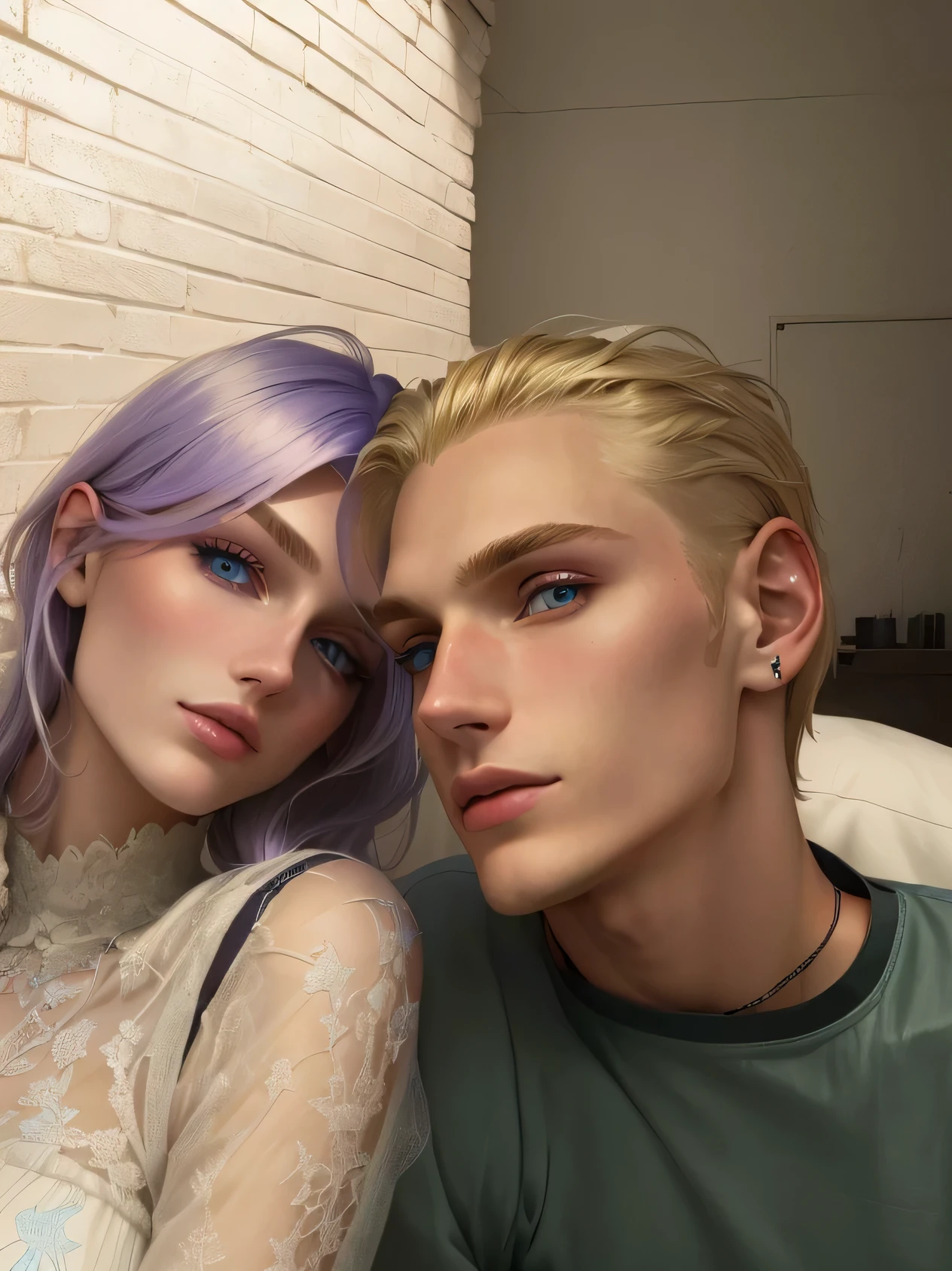 Blonde girl with blue eyes and blond boy with purple hair, xqc, an epic non - binary model, The picture is very, very low quality, # OK, #OK, Petra Collins and Mac. Escher, pale skin and violet eyes, Twitch streamer / gamer Ludwig, high quality portrait, filmed in early 2020s, she has purple hair