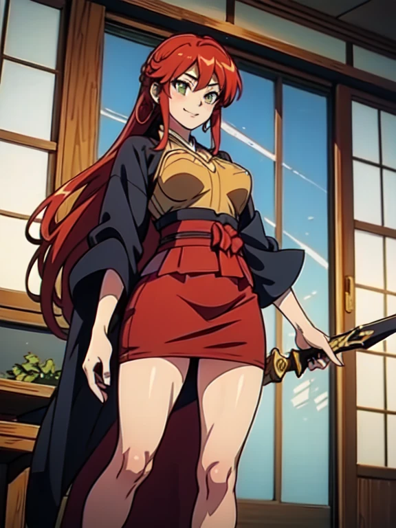 Pyrrha Nikos, ojos verdes, cabello rojo, cola de caballo, pelo largo, obra maestra, mejor calidad, muy detallado, a chicas anime in kimono dress with a sword posing for a
picture, hombro desnudo,open kimono, evil sonrisa, boca abierta, top corto , , sonrisa,
estilo anime ecchi, chicas anime, estilo ecchi, ecchi, arte animado digital!!, En estilo anime, Obra oficial, visual
novel cg, hermosa chica anime, estilo anime 4k, kimono pencil skirt, vientre expuesto, ombligo expuesto,
abdomen expuesto, vientre bajo expuesto, exterior, arquitectura japonesa, temple