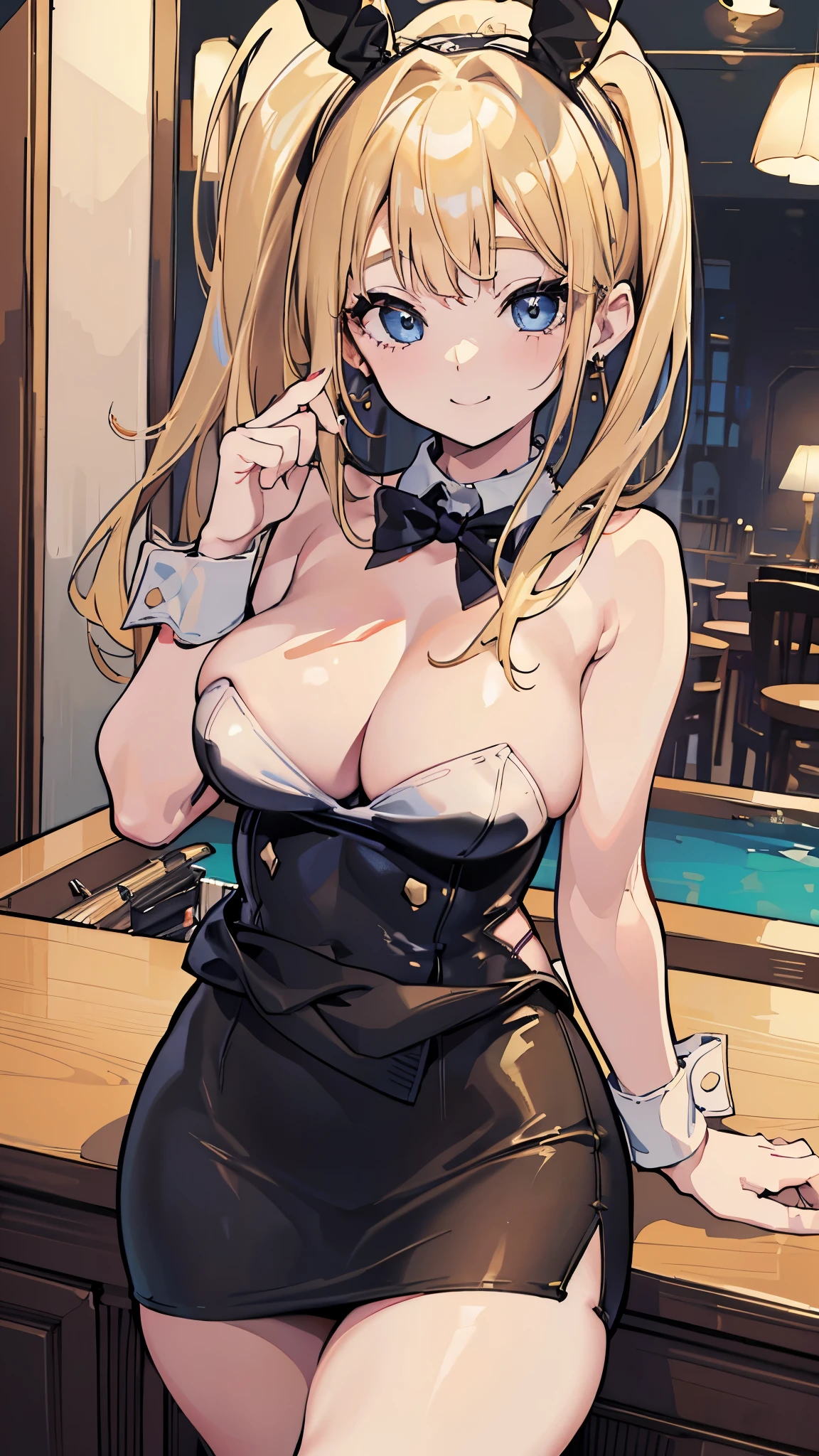 (8k、Best image quality、highest quality、masterpiece)、Detailed face、One girl、Blonde、Side Ponytail、Blue eyes、smile、Earrings、Large Breasts、((black playboy bunny))、((pencil skirt))、((Thick waist))、((Thick thighs))、Cowboy Shot、Casino Background