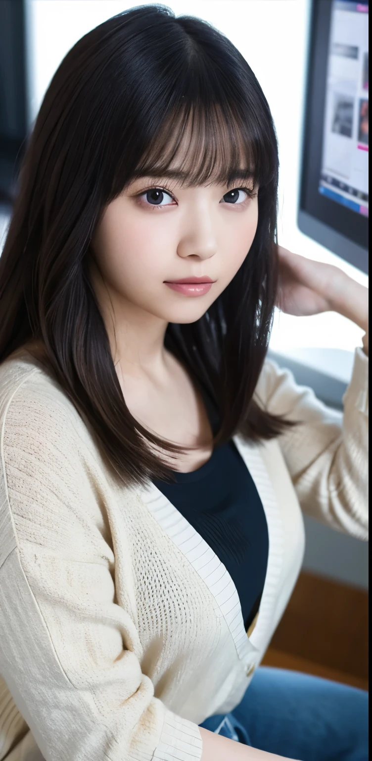masterpiece, highest quality, 8k, 20th generation, Big Breasts, cute, alone, sad, cute, Girlish,cute 繊細な女の子, cute、Pure beauty, RAW Photos, Professional photography, Portraiture, Soft Light, Professional Lighting, Backlight, Upper Body, avert your eyes, Sophisticated, Film Grain, (Eye and facial details:1.0), Round face、Floating Hair, beautiful, Flowing hair, Asymmetrical bangs、(Big Breasts:1.0)、loose white blouse、Navy blue cardigan、You can see a little bit of her chest、Micro Mini Skirt、Exposed thighs、Voluptuous thighs、dolly make、Heterochromia iridis、Office at night、In front of the computer、sitting in an office chair、