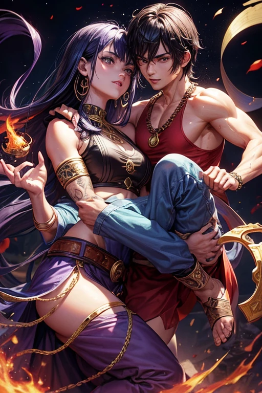 Aladdin, 20 years, cabello corto negro dorado oscuro, cabello corto desordenado, ojos marrones oscuro, ropa de djinn, chaleco abierto sin mangas plata claro, light silver vest with blue Arabic print, light red arabic pants, Golden Belt, pulsera djinn con gemas plateadas , botas marrones, tatuajes morados fosforescentes, rodeado de fuego y humo morado, muscular build of the delegate, manos atadas con cadenas y pies rodeados de cadenas blancas, purple magic circles in each hand on a background of arabic ruins.